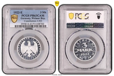 PCGS PR63 CAM 3 Mark 1922 E Germany Weimar Republic J-303 Coin Inflation Mk - Image 1 of 4