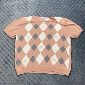 Alfred Dunner Sweater Womens Large Pink Argyle Short Sleeve Pullover Grandmacore - Picture 1 of 9