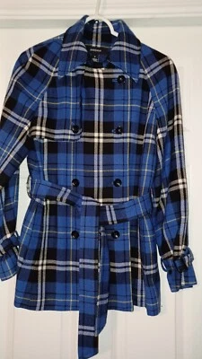 JONES WEAR Blue Double Breasted Jacket Plaid Wool Blend Sz 38 - Image 1 of 4