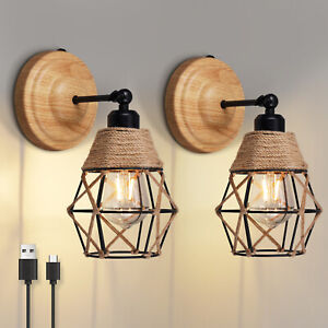 Farmhouse Wall Sconces Pair Woven Metal Shade Battery Operated Fixture with Bulb
