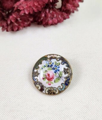 Antique Vintage Enamel Round Button Pink Blue Scroll Rim Border Flowers 13/16" - Image 1 of 4