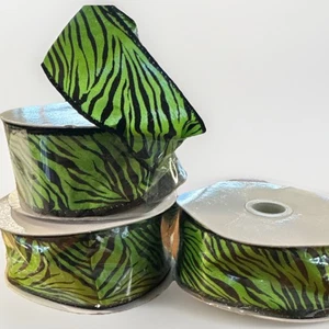 Zebra Print Ribbon Black Green Wired Edge Crafting Sewing Decorating 3 Rolls - Picture 1 of 7
