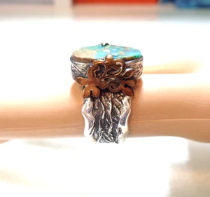 HUGE BORA, BORA Signed, Sterling 925 Stamped, Oxidized, Brass, Natural Stone Col - Picture 1 of 9