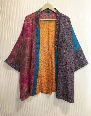 Jaqueta cardigã curta de seda pura quimono patchwork espanador capa preta KMS3770 - Imagem 1 de 4