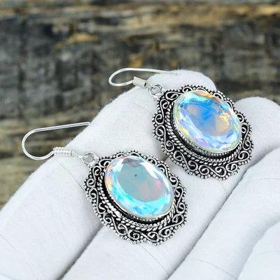 Stupefacente Topazio Mistico Gemma Mano Gioielli 925 Sterling Orecchini Argento - Immagine 1 di 4