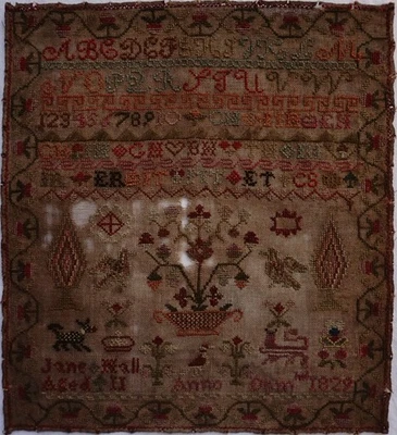 EARLY 19TH CENTURY MOTIF & ALPHABET SAMPLER BY JANE HALL AGED 11 - 1829 - Image 1 of 4