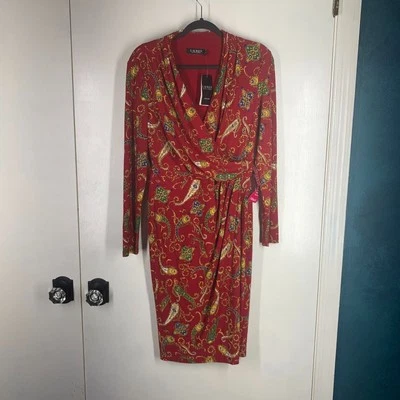 Lauren Ralph Lauren Dress Womens 8 Red Paisley Pleated Wrap Lined Jersey Midi - Image 1 of 4