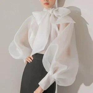 Damen Frühling Schleife Spitze Puffärmel Shirt durchsichtig Bluse Kleid Organza Pullover - Bild 1 von 10