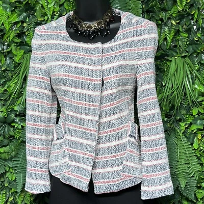 ZARA Jacket Women Medium Crem Red Blue Long Sleeve Tweed Blazer Lined 2693 - Image 1 of 4