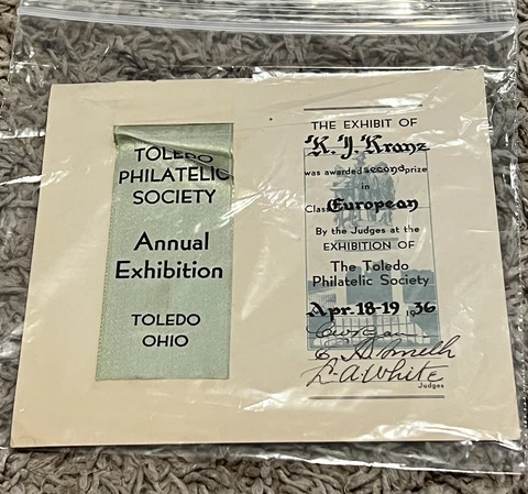 1936 TOLEDO PHILATELIC SOCIETY ANNUAL EXHIBITION SILVER RIBBON EUROPEAN CLASS Cover