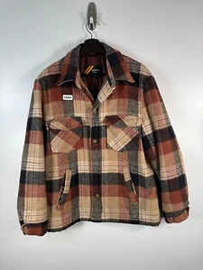 Vtg Sears Mens Button Up Plaid Quilt Lined Flannel Shirt Jacket Brown Sz M 22x27 - Picture 1 of 11