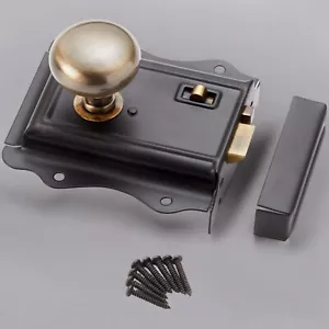 VINTAGE RETRO CLASSIC BLACK ANTIQUE RIM DOOR LOCK ANTIQUE BRASS COTTAGE KNOB SET - Picture 1 of 4