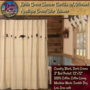 Primitive Kettle Grove Applique Crow & Star Shower Curtain Dark Creme & Black - Picture 1 of 3