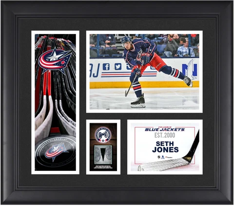 Seth Jones Columbus Blue Jackets Framed 15x17 Collage & Piece of G-U Puck Cover