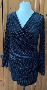 Lucy Wang Black Velvet Faux Wrap Dress | Sparkly | Polka Dot | V-Neck | Size M - Picture 1 of 9