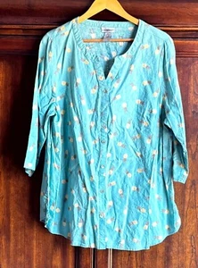 Catherines Tunic Top 0X Teal Linen Pineapple Split Neck 3/4 Sleeve Front Button - Picture 1 of 5