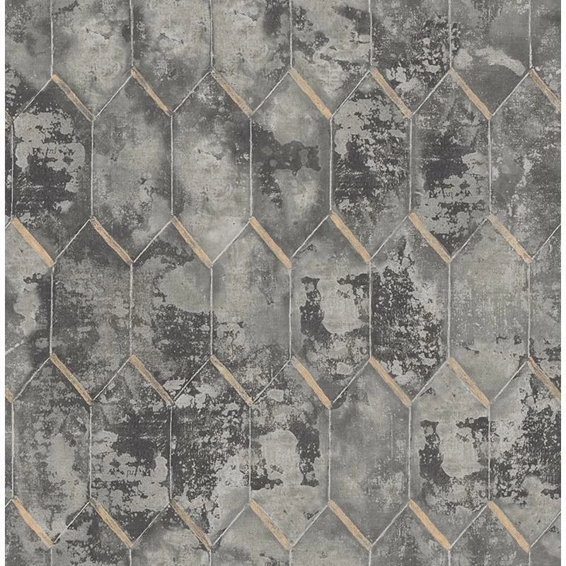 Wallpaper Designer Gray Faux Tile Geometric with Gold Accents - Image 1 of 1
