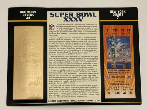 2001 NFL SUPER BOWL XXXV 35 22KT GOLD TICKET New York Giants vs Baltimore Ravens Cover