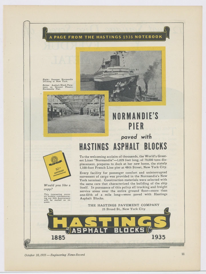 Anuncio de pavimento Hastings 1935: instalación de acoplamiento SS Normandie New York Foto 1 de 1