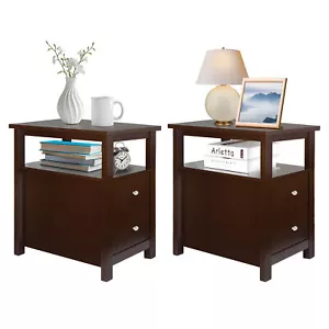 Set of 2 End Tables Narrow Side Table w/Drawers Nightstand for Small Space Brown - Picture 1 of 19