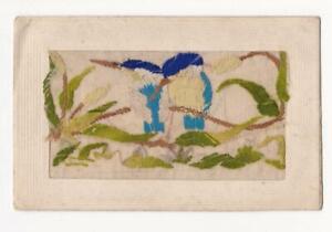 WW1 Embroidered SILK PC - TWO KINGFISHER BIRDS - with Slip-in Card, 'from Daddy'