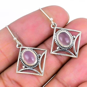 Rose Quartz Stone Wife Handcrafted Hook New Drop Dangle Earrings Sterling Silver - Picture 1 of 8