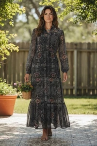 Xhilaration Dark Boho Sheer Maxi Dress Size SM Tiered Floral Whimsigoth Romantic - Picture 1 of 15
