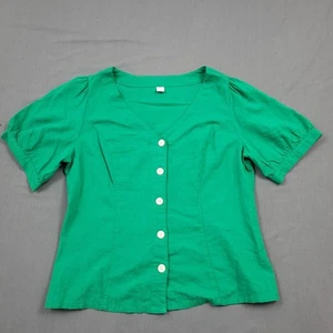 Old Navy Bluse Damen Medium M kurz Puffärmel Leinen Knopfleiste V-Ausschnitt grün - Bild 1 von 11