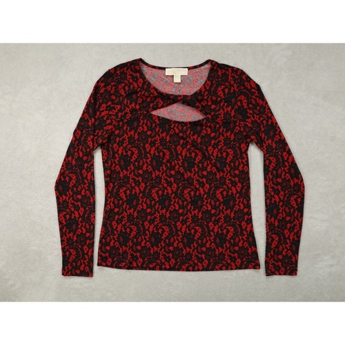 Camicetta Michael Kors donna rossa manica lunga stampa pizzo apertura frontale twist taglia S