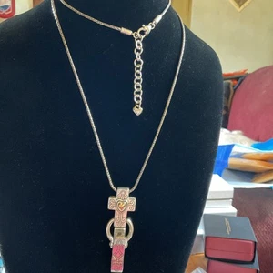 Brighton Badge Holder Necklace Clip Lariat Pass Card ID Silver To E Cross 36"adj - Picture 1 of 6