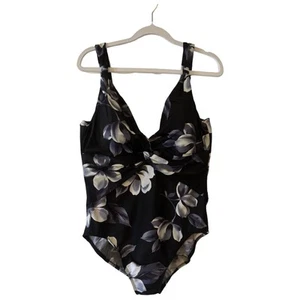 Miracle Suit 1 Piece Swimsuit Black W/white & Lavender Floral Print Sz 18 - Picture 1 of 12