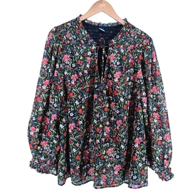 Old Navy 女式缩褶花卉印花长袖农民衬衫,尺寸 2X — 第 1/4 张图片