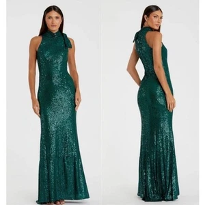 NEW Mac Dugal Ieena Sequined Soft Tie Halter Neck Column Gown Teal Green Sz 14 - Picture 1 of 9