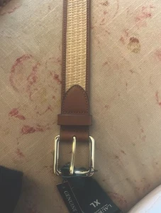 Polo Ralph Lauren Belt Womens   Brown Leather Beige Rattan XL Gold Buckle NWT - Picture 1 of 2