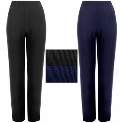 2 Pack Ladies Trousers Straight  Stretch Pull On Ribbed Elastic Waist Work Pants - Image 1 of 4