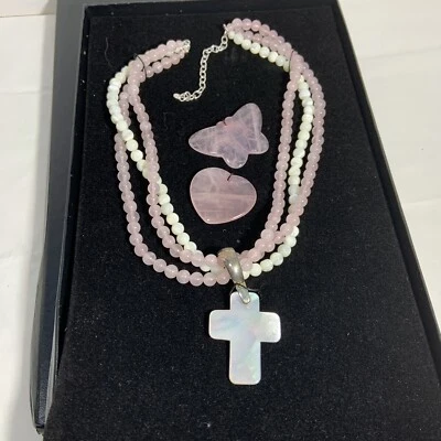 GSJ 925 3 Hilos Cuarzo Rosa MOP Cuentas Colgante Collar Conjunto Cruz Mariposa Foto 1 de 4