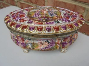 Antique Vintage Capodimonte Italy Lg Footed Hinged Box Jewelry Casket 8 1/4" - Picture 1 of 12