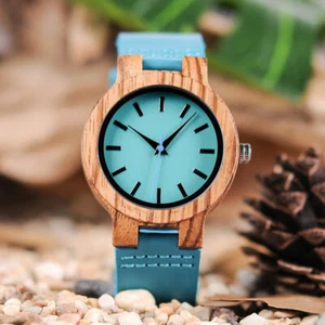 Wooden Watches Women's Bamboo Quartz Wrist Watch Blue Leather Strap Timepiece - Picture 1 of 10