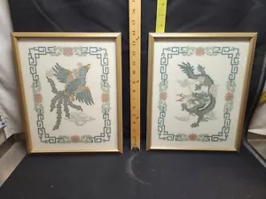 Vintage Handmade Set Asian Embroidery Wall Art Dragon/Crane Framed Under Glass - Picture 1 of 4