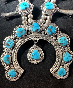 Vintage Navajo Turquoise Squash Blossom Necklace Signed DC Exquisite Detailing - Picture 1 of 7