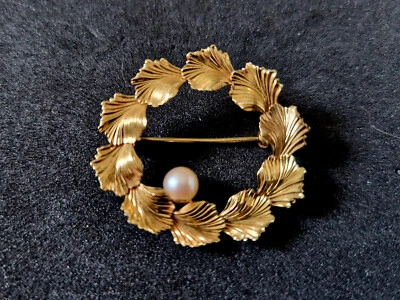 Florale runde Brosche mit Perle Pearl Brooch aus 14 kt 585 Gold Perl Jugendstil - Bild 1 von 4
