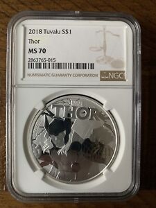 2018 1 Oz Silver $1 Tuvalu Thor Marvel Comics Coin. NGC MS 70