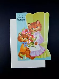 # J370 - Tarjeta de felicitación vintage sin usar para mamá gato, gatito y flores - Imagen 1 de 3