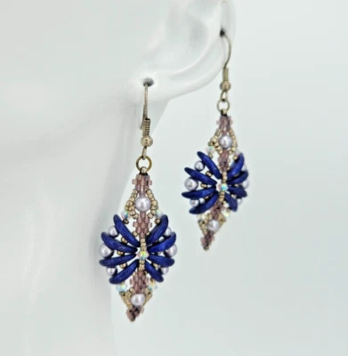 Ohrringe Lila Rosa Lang handarbeit Unikat Raute 925 Silber Haken  Damen Schmuck - Bild 1 von 4