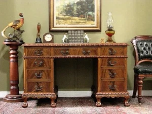 VINTAGE FLAME MAHOGANY 9 DRAWER TWIN PEDESTAL DESK WITH FINE CARVING, GLASS TOP. - Picture 1 of 16