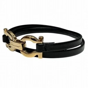Salvatore Ferragamo Belt Gold Gancini Leather Black Used w/box - Picture 1 of 9