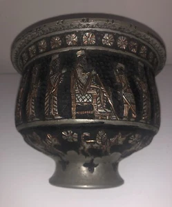 ANTIQ Hand Engraved Persian Copper Footed Bowl, Two Toned Ghalam Zani  Apro5x6.5 - Picture 1 of 14