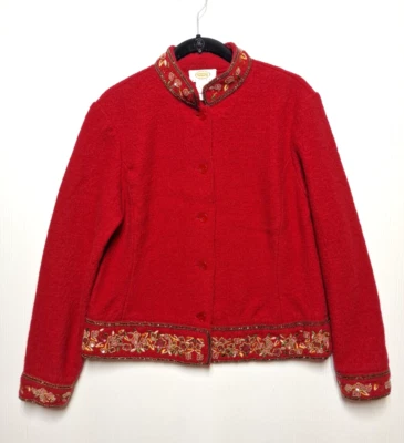 Vintage Talbots Jacket Women's M Petite Red Wool Embellished Trim Button Front - Image 1 of 4