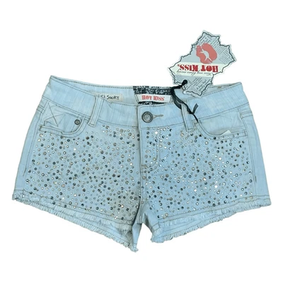 Pantalones Cortos de Jean Hot Kiss Estrás Tachonados Azul Lavado Claro Denim Distressed Jr 1 Foto 1 de 4