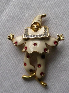 Vintage Articulated Clown Brooch Pendant Gold Tone Ivory Enamel Red Rhinstones - Picture 1 of 8